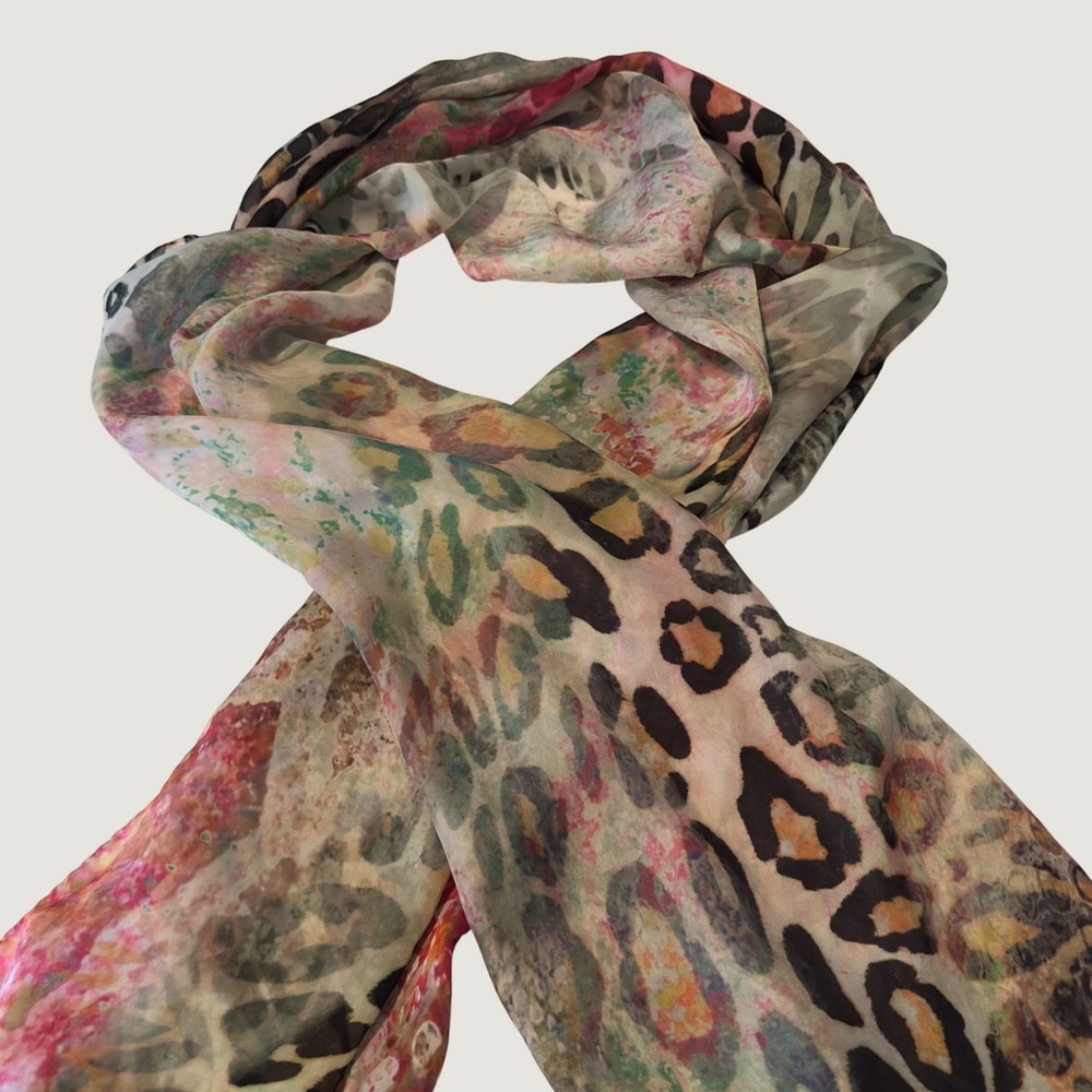 Cynthia Rowley Scarf Pink Green Leopard Print Floral Sheer Wrap 72x24 OS